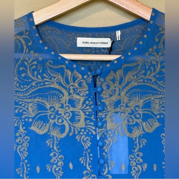 ISABEL MARANT ÉTOILE Sheer Silk Printed Button Up Top Blue Gold Size Small - Picture 4 of 11